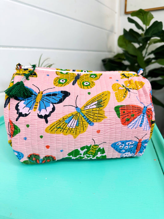 Quilted Makeup Bag | Cosmetic Toiletry Bag | Butterfly Print