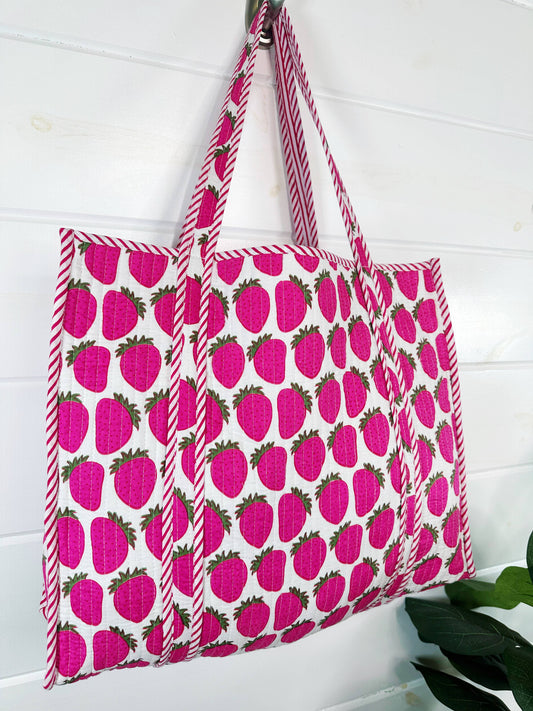 Quilted Tote Bag | Pink Strawberry Bag | Large Shopping Tote