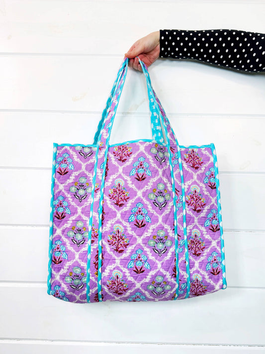 Large Quilted Travel Tote Purple Wildflowers