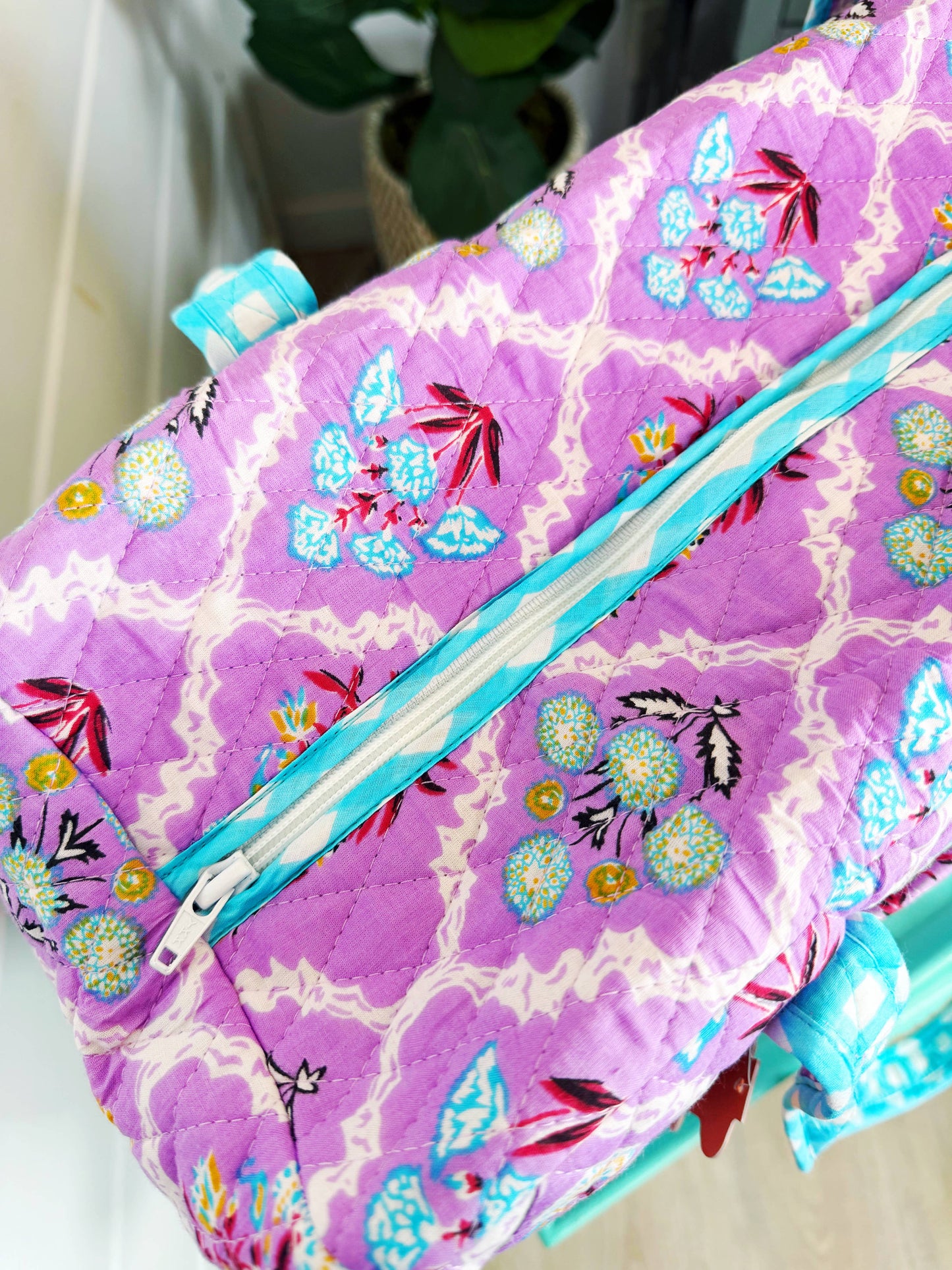 Quilted Weekender Duffle Bag Purple Wildflowers