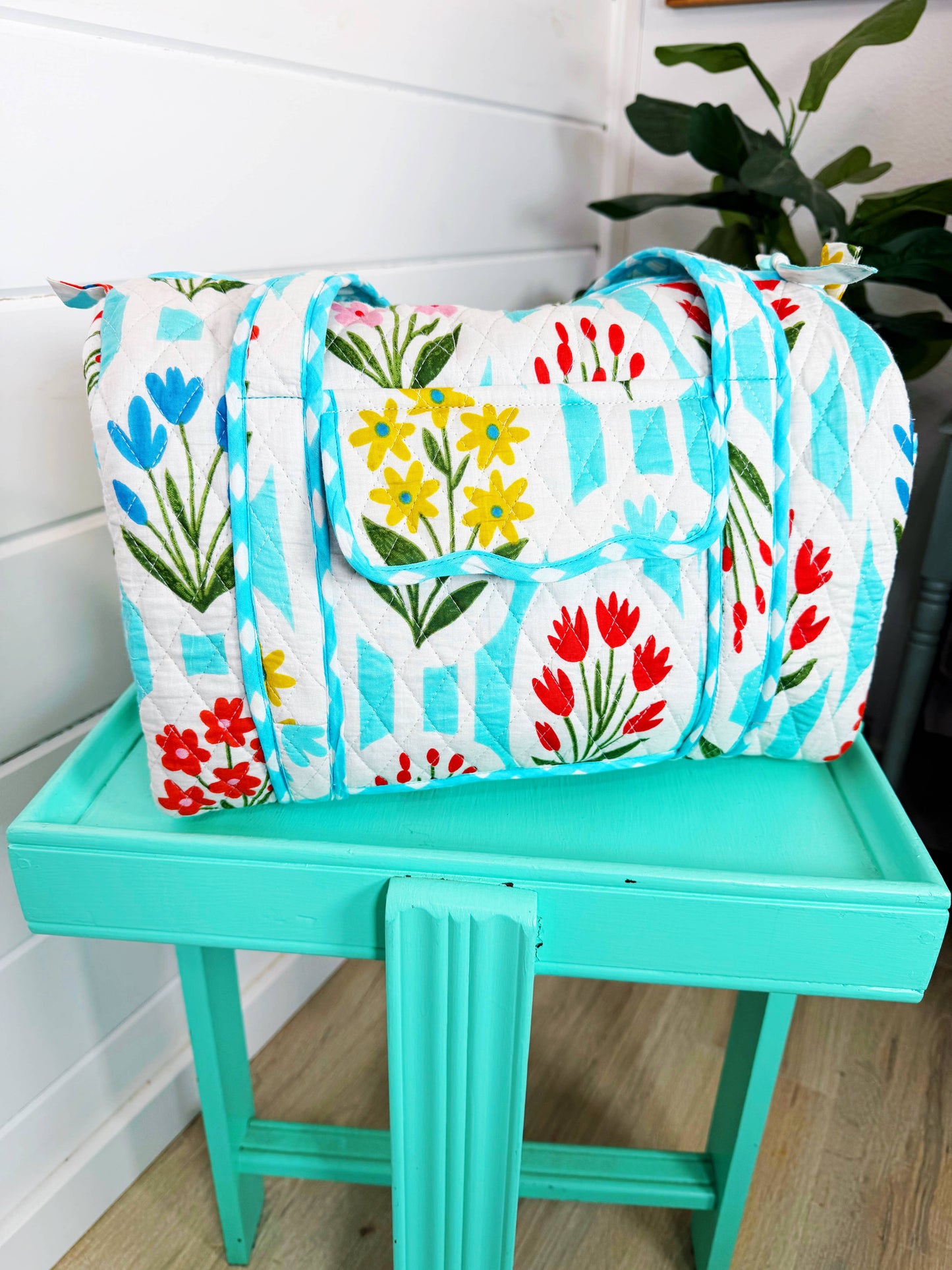 Quilted Mini Duffle Bag Aqua Garden Party