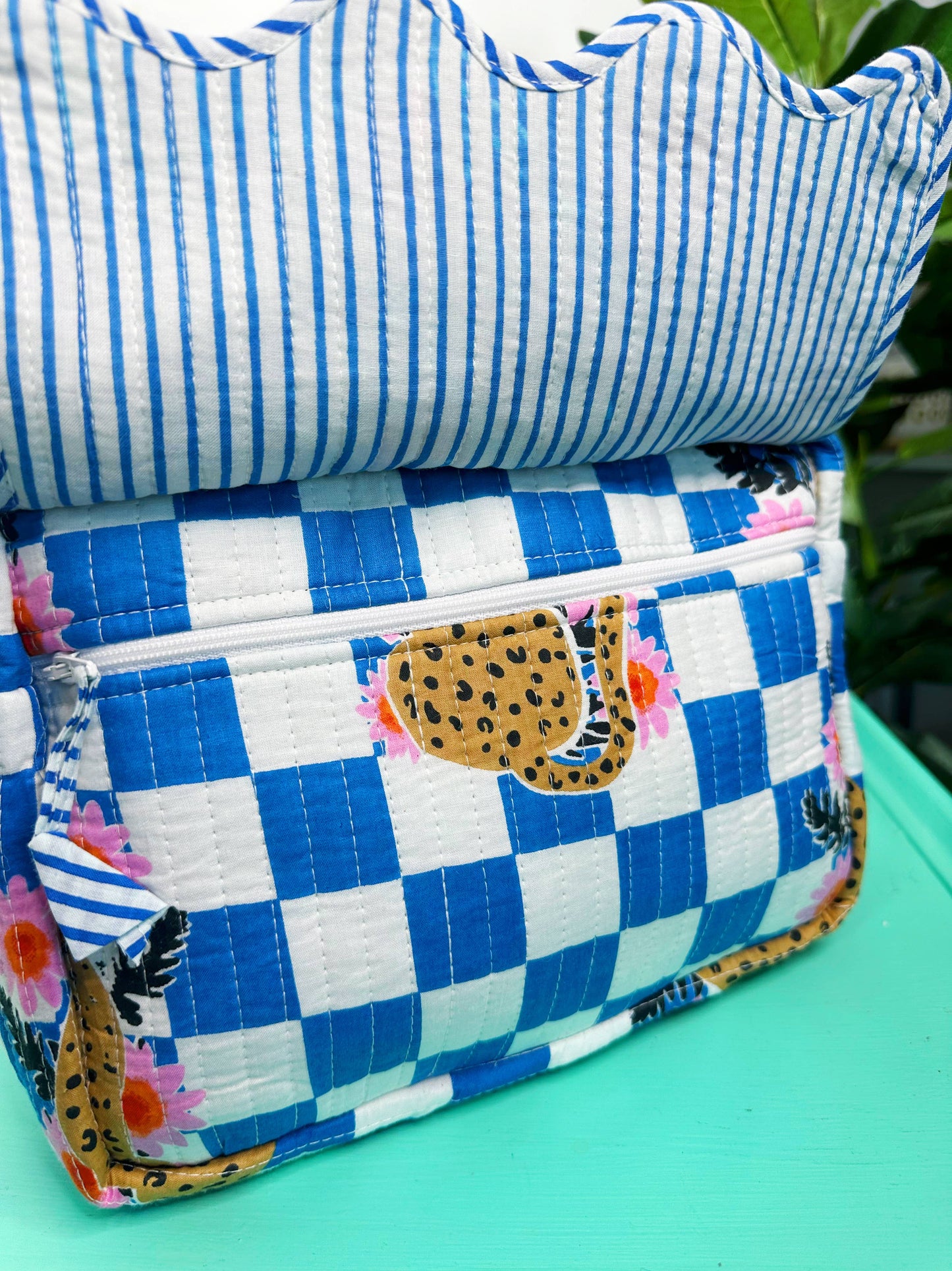 Ruffle Toiletry Bag | Quilted Cosmetics Bag | Blue Checkered