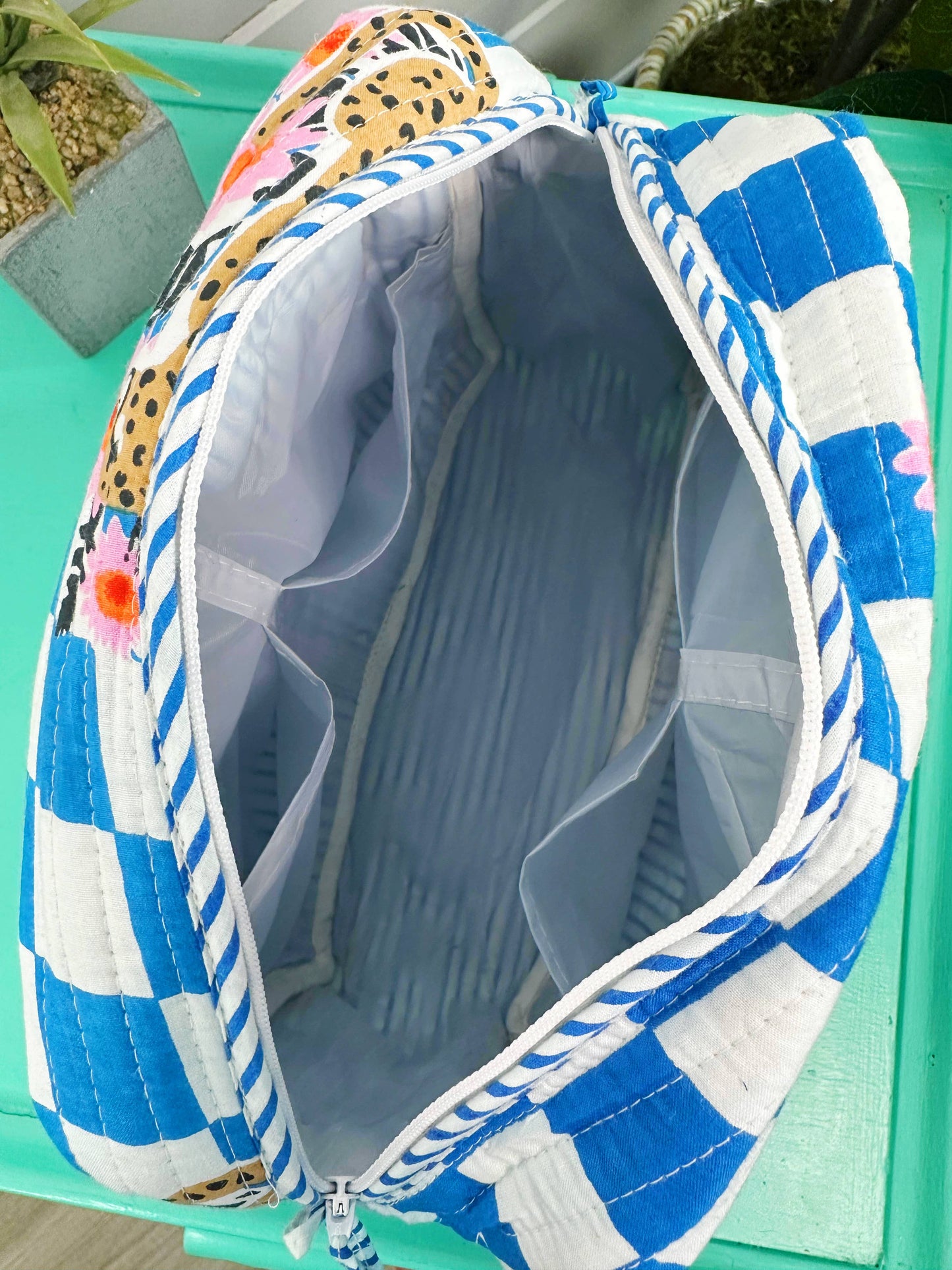 Ruffle Toiletry Bag | Quilted Cosmetics Bag | Blue Checkered