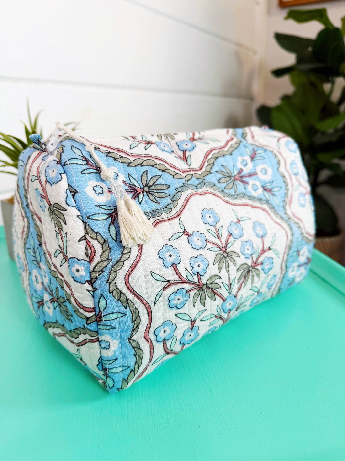 Quilted Cosmetic Bag Blue Petals