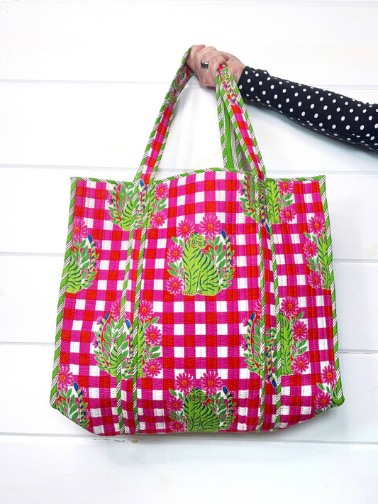 Large Quilted Travel Tote Pink Checkered Tiger