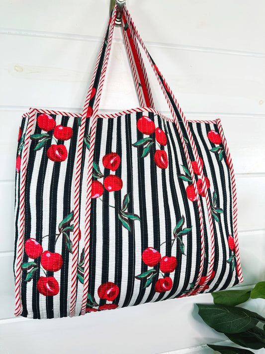 Quilted Tote Bag | Cherry Tote | Large Shopping Tote Bag