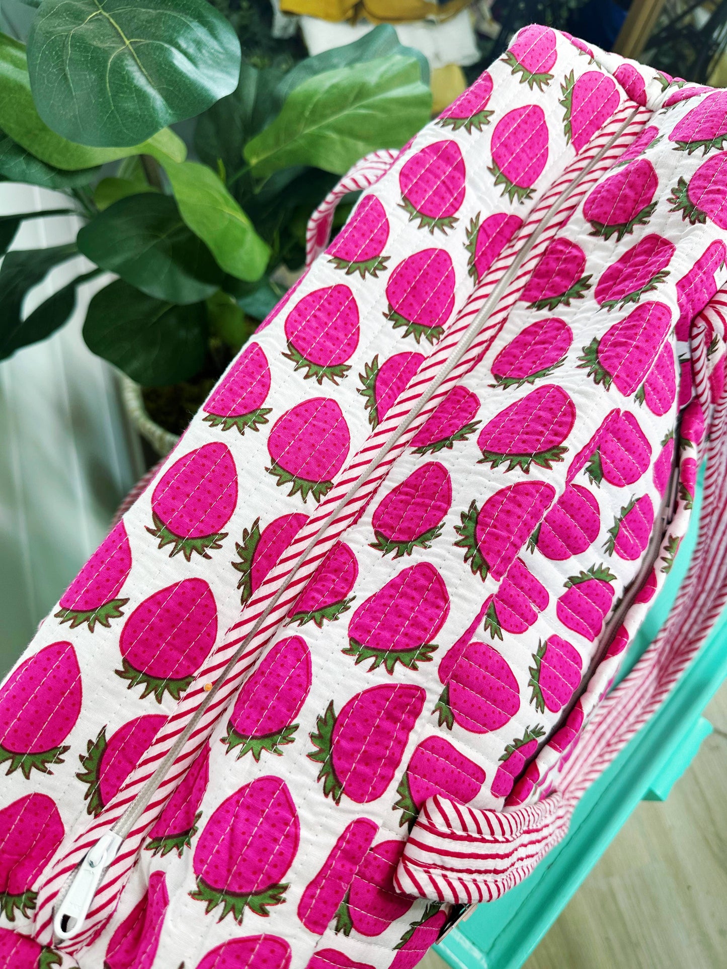Quilted Duffle Bag | Weekender Overnight Bag | Strawberry