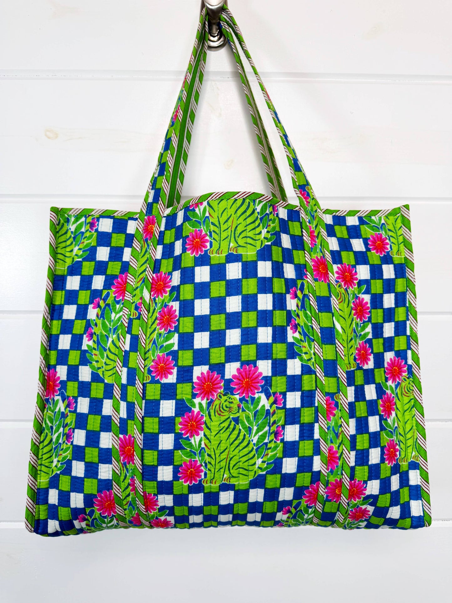 Large Quilted Travel Tote Blue Checkered Tiger