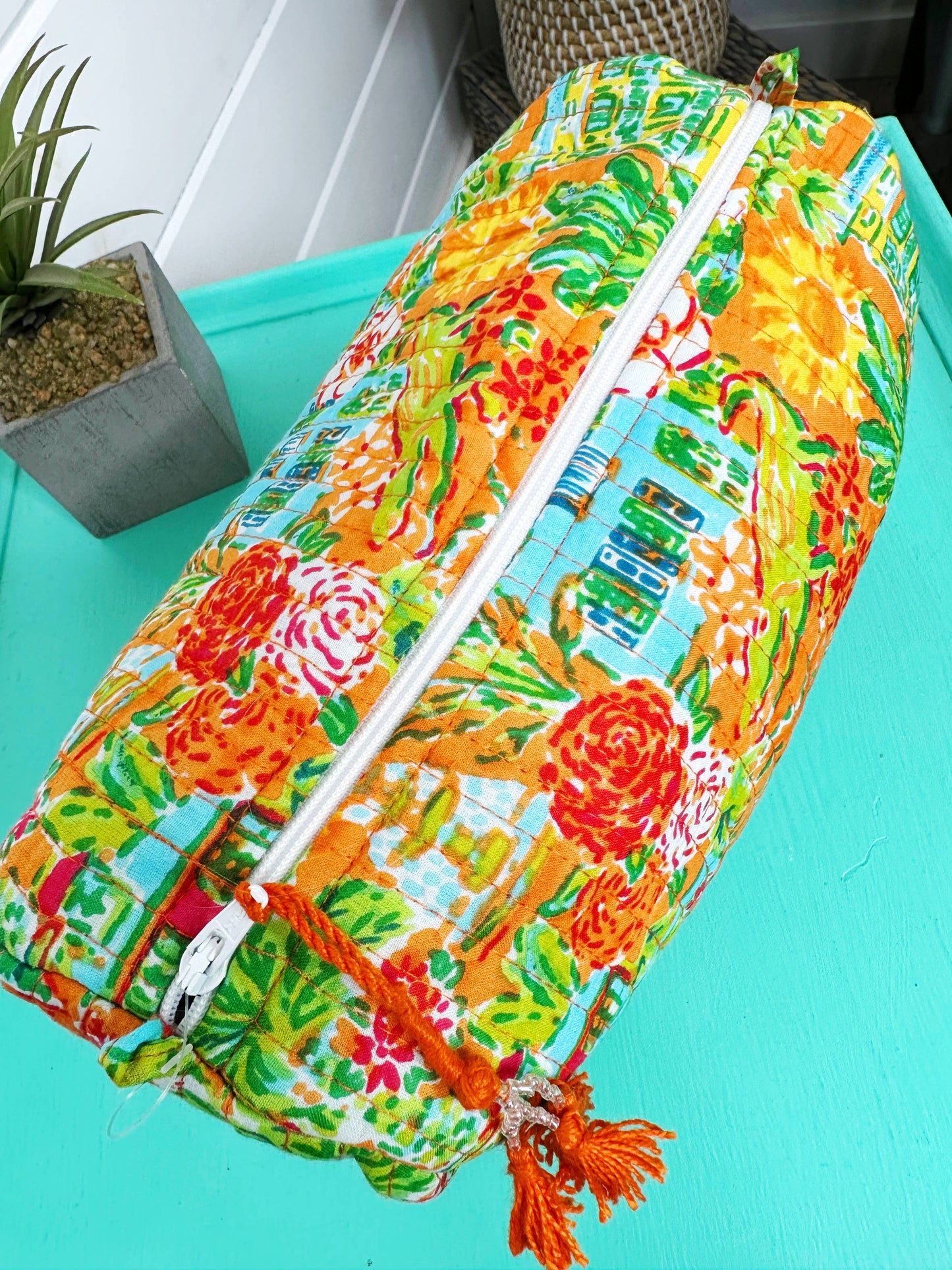 Quilted Cosmetics Makeup Bag - Orange Southern Town Print