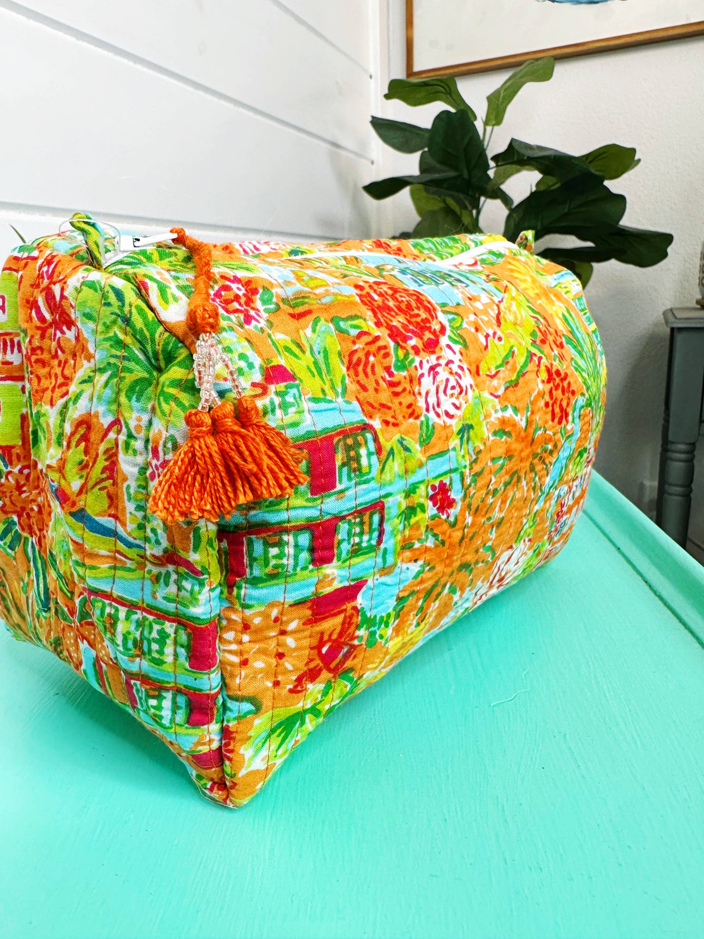 Quilted Cosmetics Makeup Bag - Orange Southern Town Print