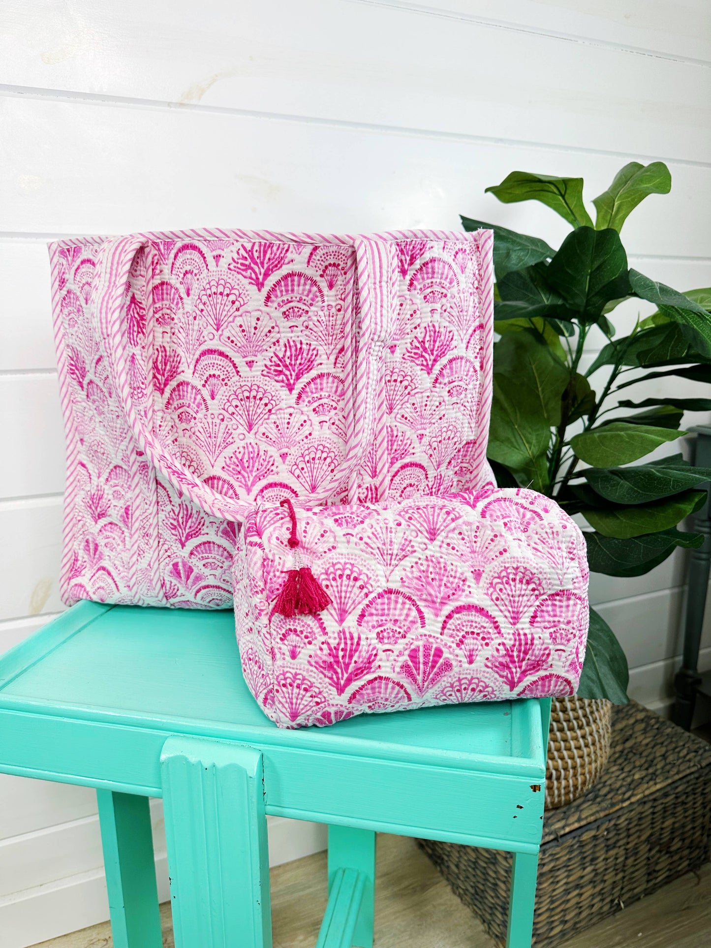 Quilted Tote Bag | Pink Seashells Bag | Large Shopping Tote