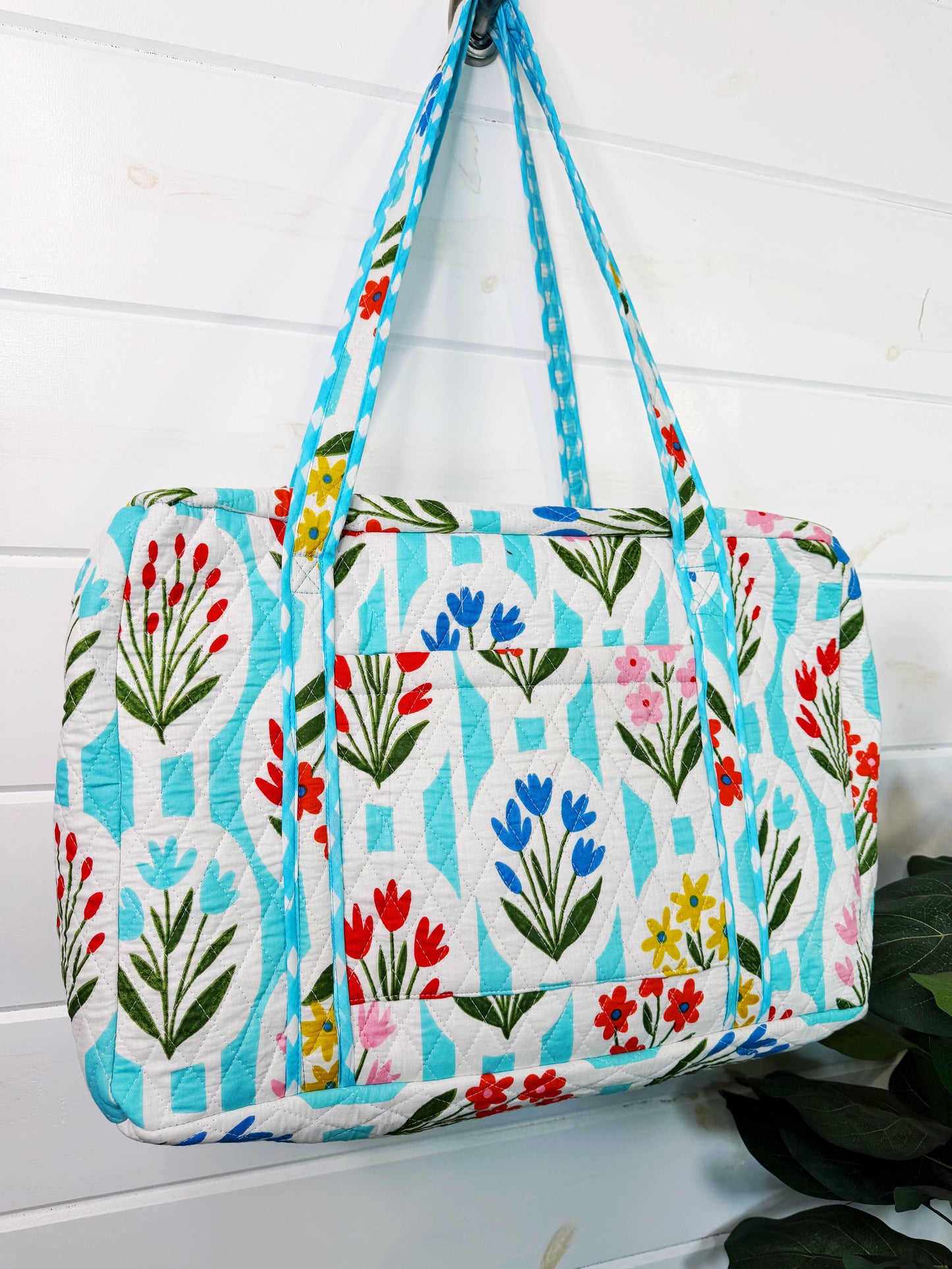 Quilted Weekender Duffle Bag Aqua Garden Party