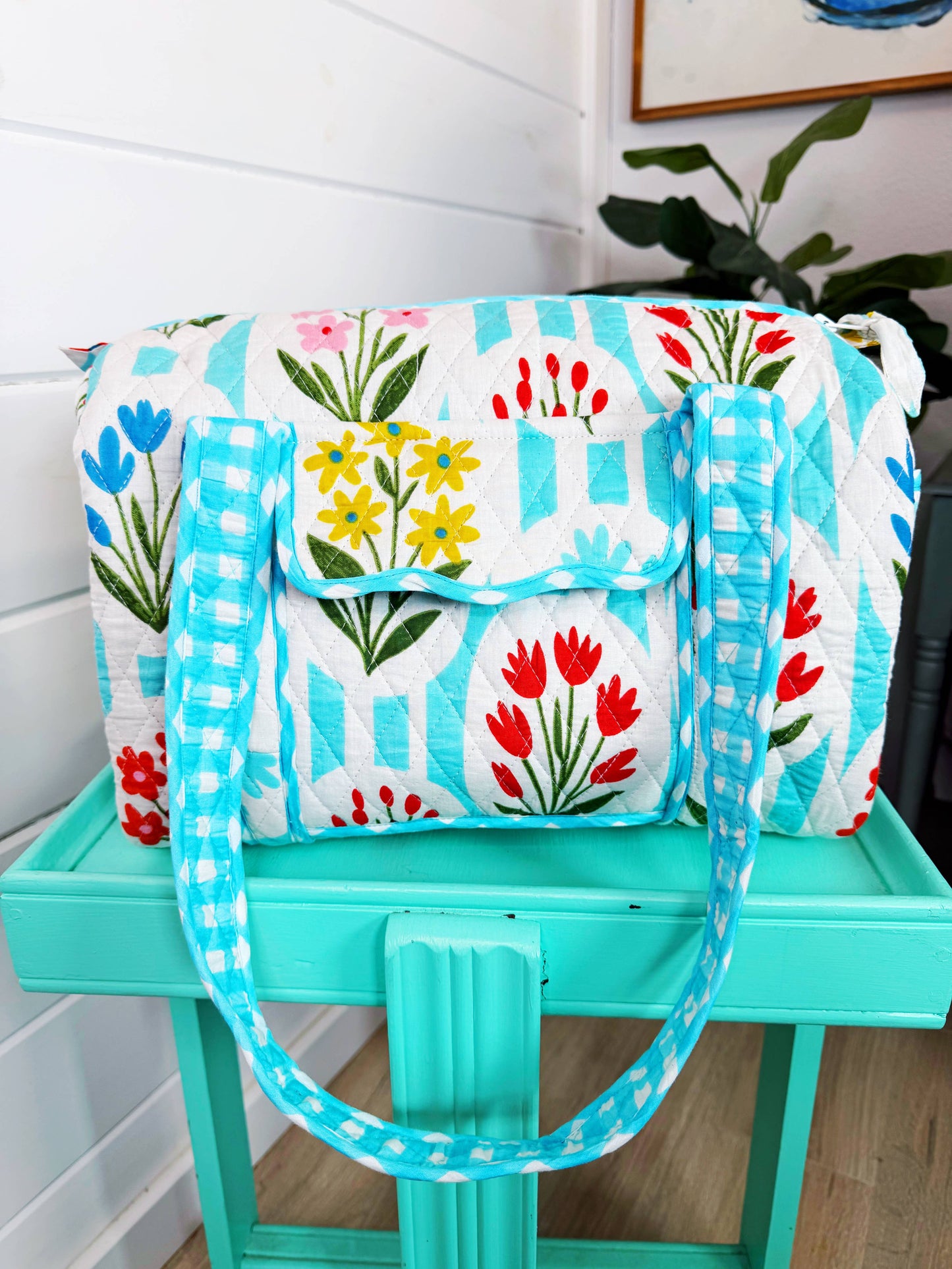 Quilted Mini Duffle Bag Aqua Garden Party