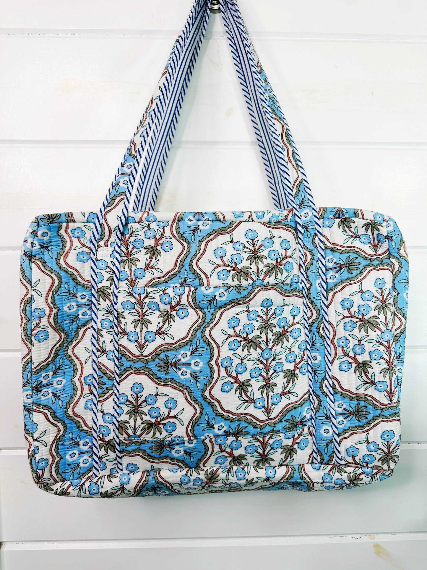 Quilted Weekender Duffle Bag Blue Petals Floral Print