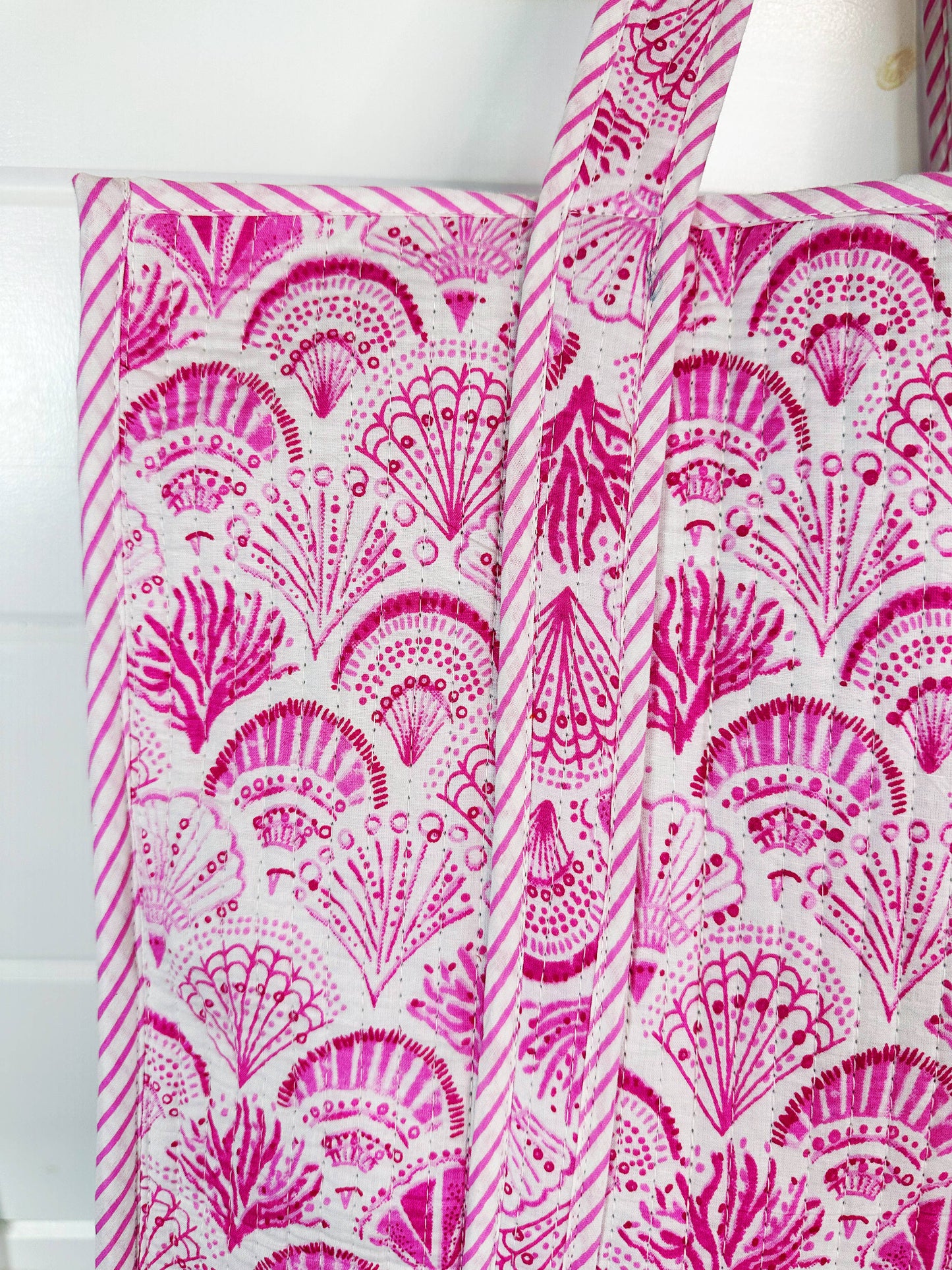 Quilted Tote Bag | Pink Seashells Bag | Large Shopping Tote