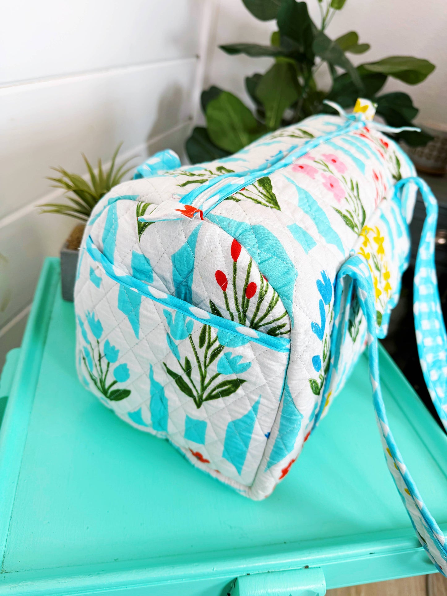 Quilted Mini Duffle Bag Aqua Garden Party