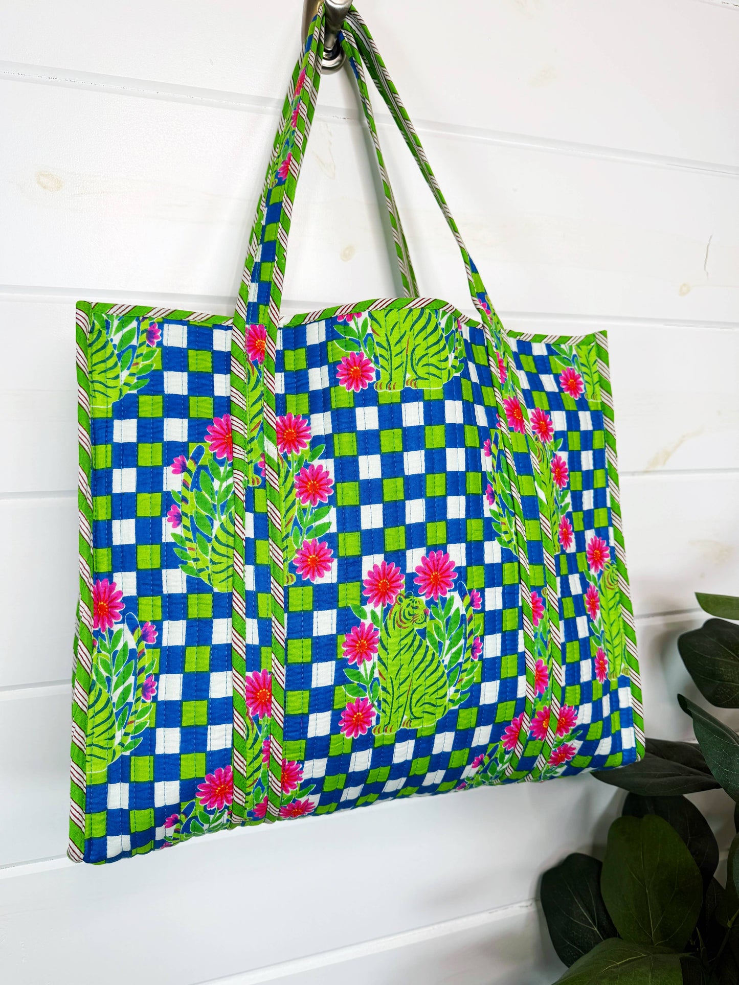 Large Quilted Travel Tote Blue Checkered Tiger
