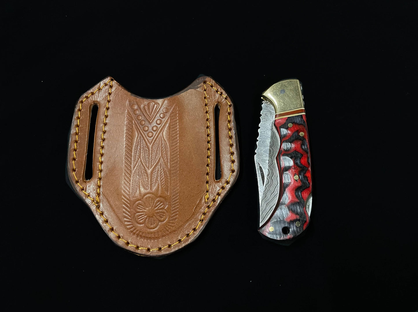 BP-007 Red Damascus Steel Folding Knife Limited Run /Pancake