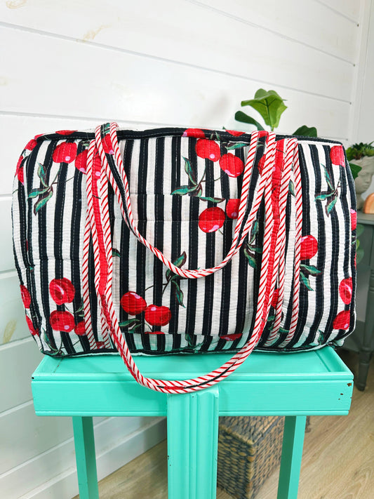 Quilted Duffle Bag | Weekender Travel Bags | Cherry Print