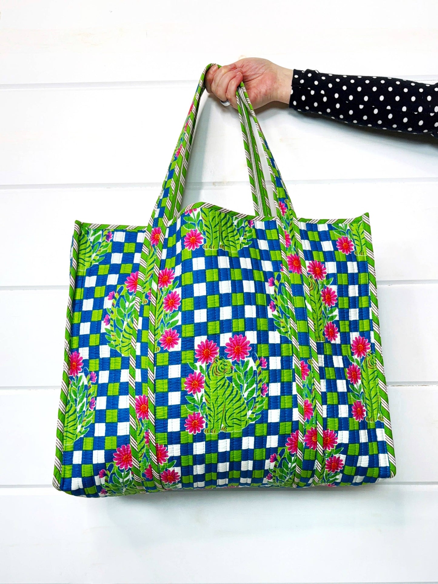 Large Quilted Travel Tote Blue Checkered Tiger