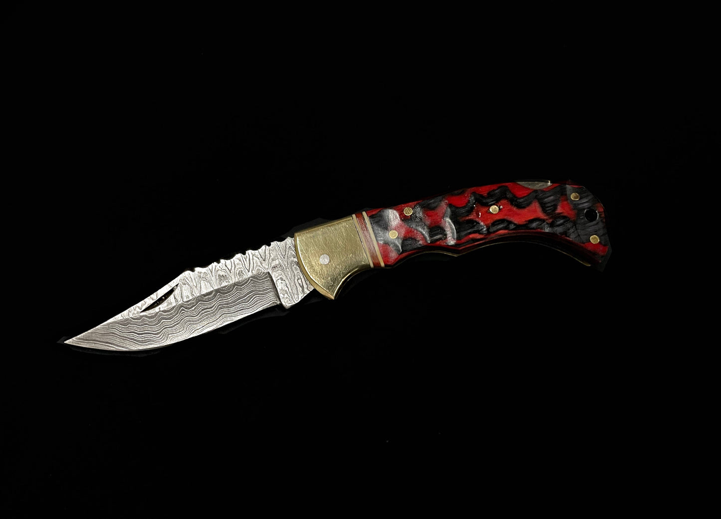 BP-007 Red Damascus Steel Folding Knife Limited Run /Pancake