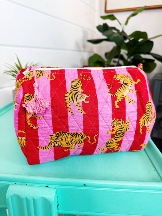 Quilted Cosmetics Bag Pink Red Tiger Print