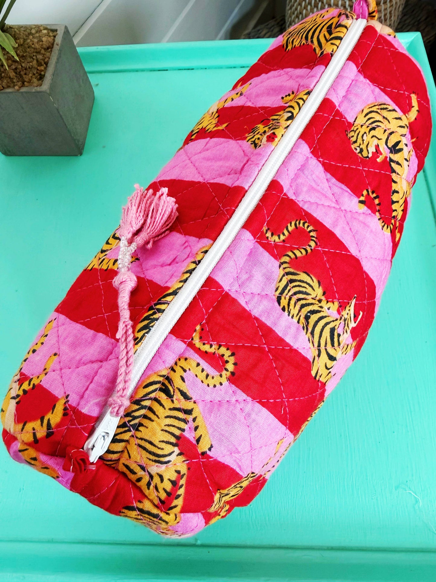 Quilted Cosmetics Bag Pink Red Tiger Print