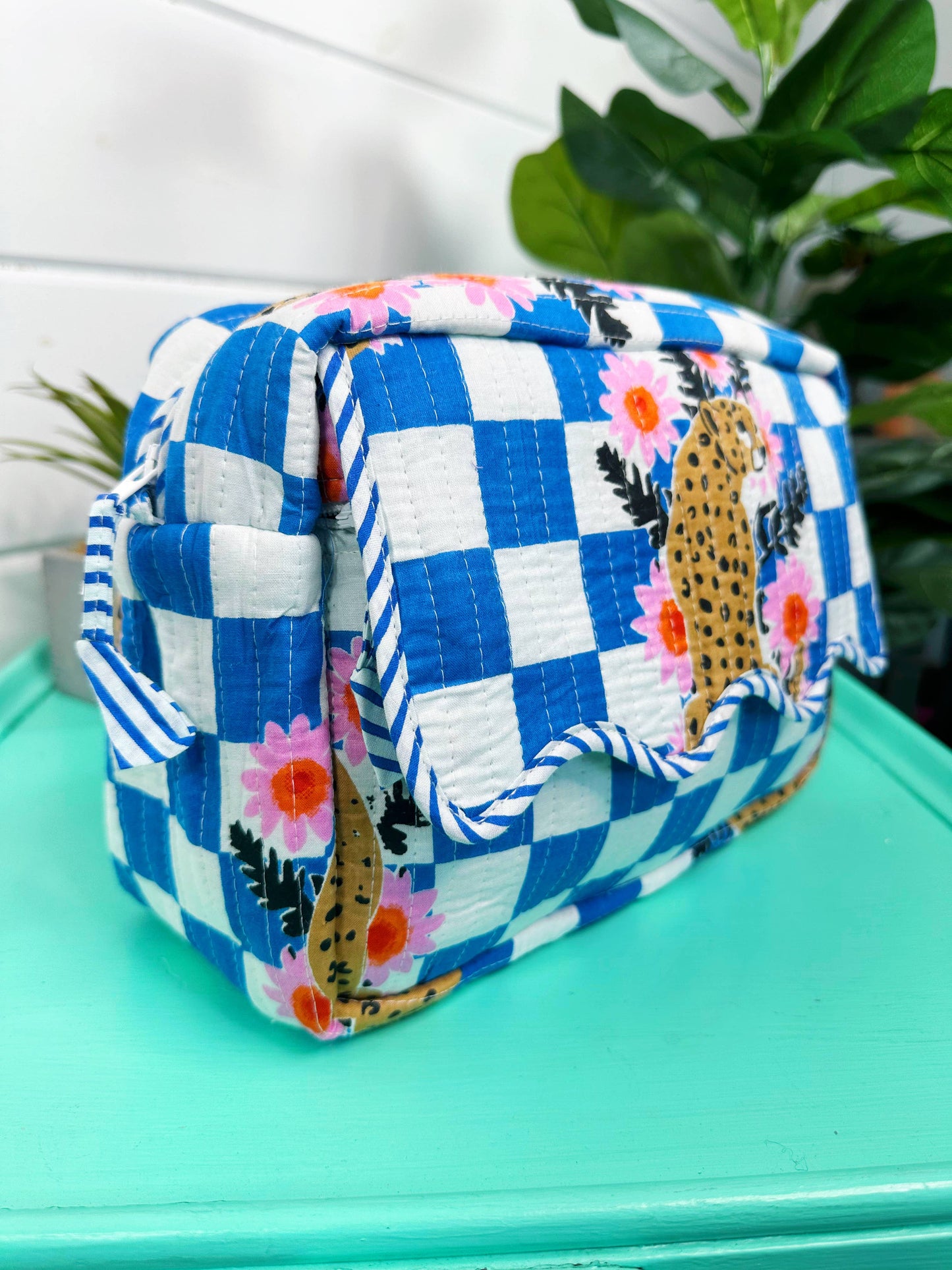Ruffle Toiletry Bag | Quilted Cosmetics Bag | Blue Checkered